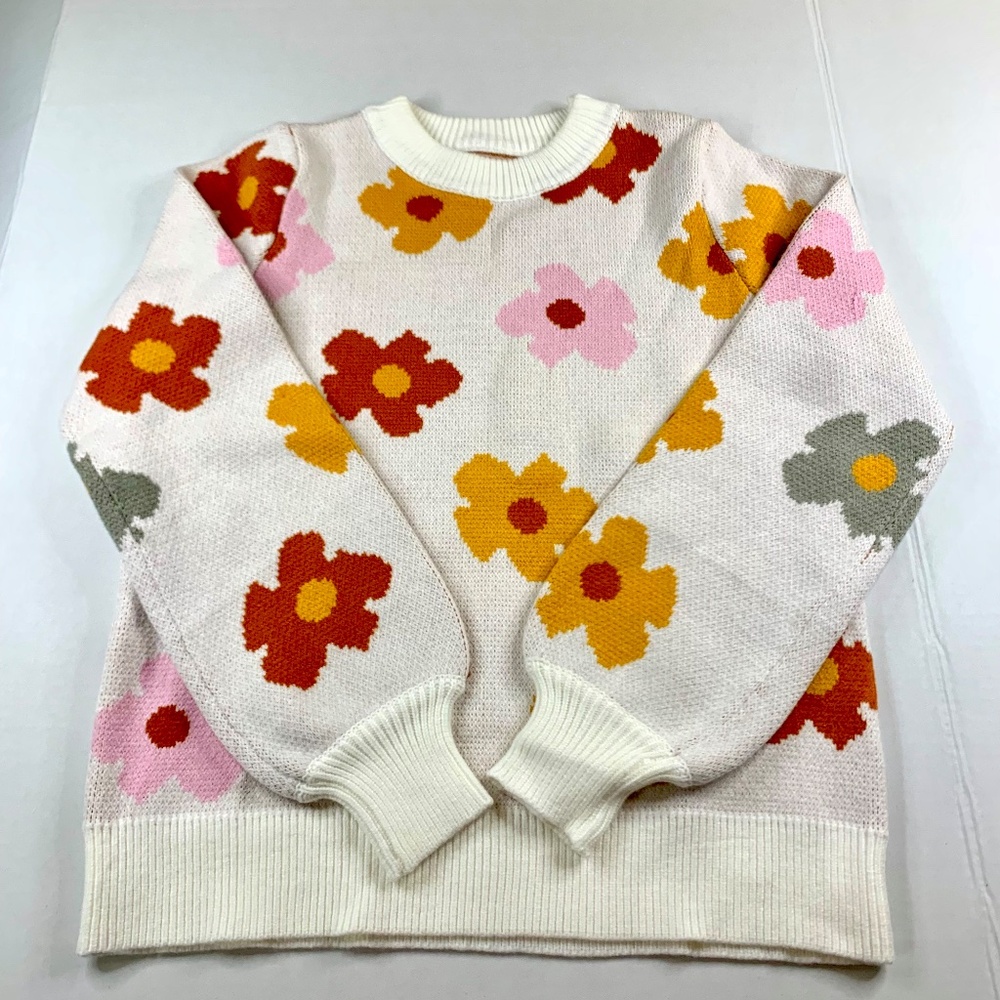 Preppy Pullover Knit Casual Sweater Long Sleeve Cream Red Pink Coquette Flowers